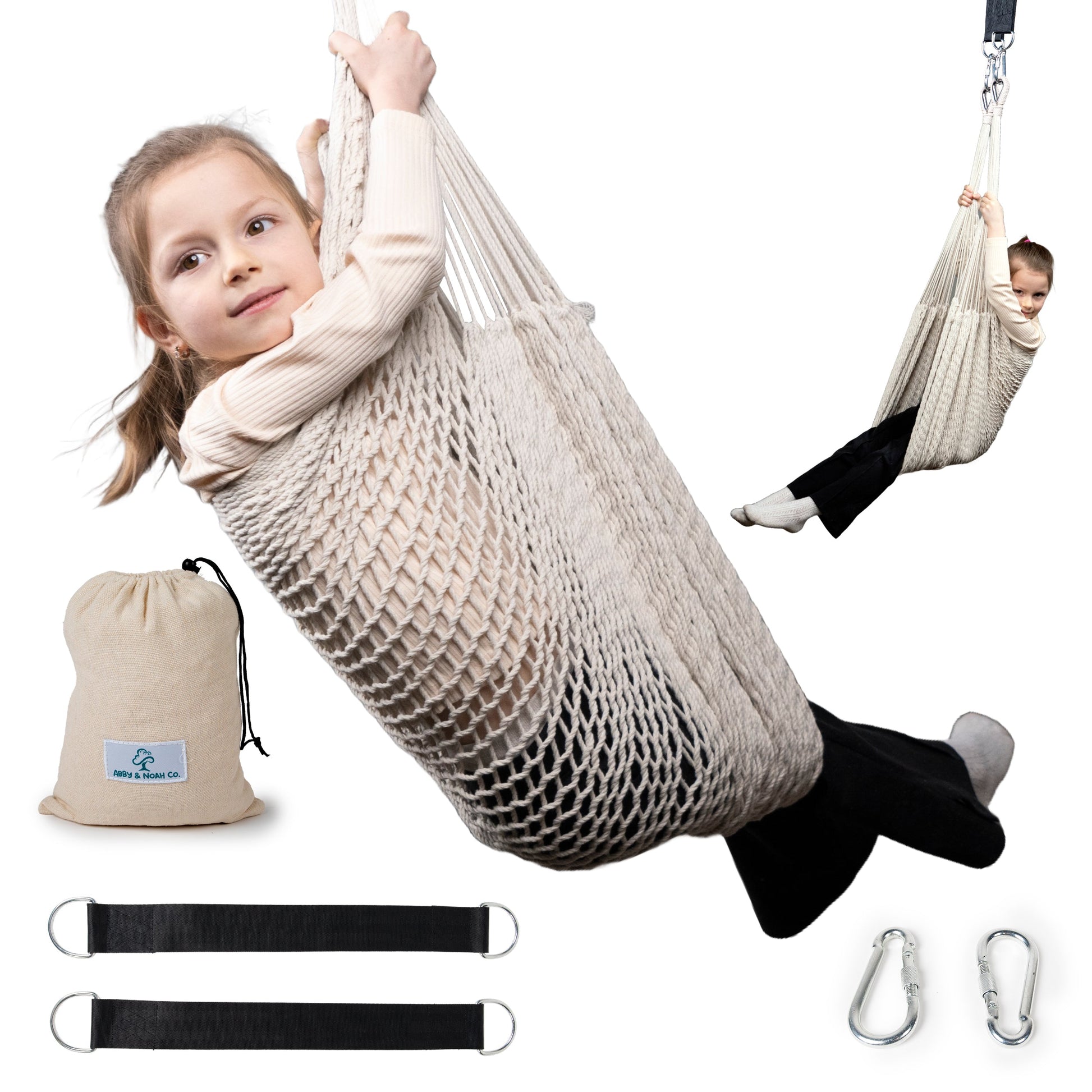 Handwoven cotton hammock swing for kids in beige with woven seat and hanging straps
