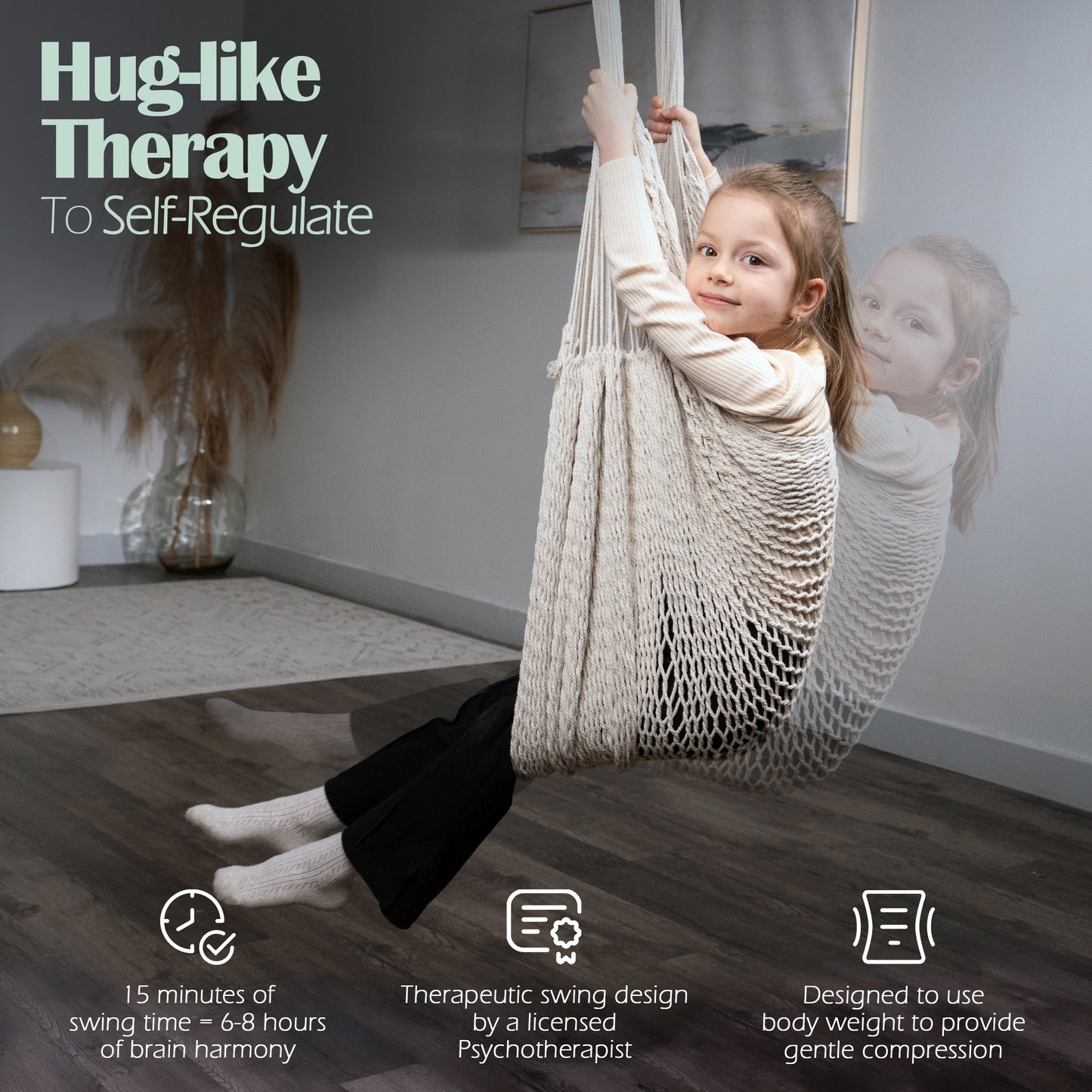 Handwoven cotton swing with child seated in cream macramé net hammock
