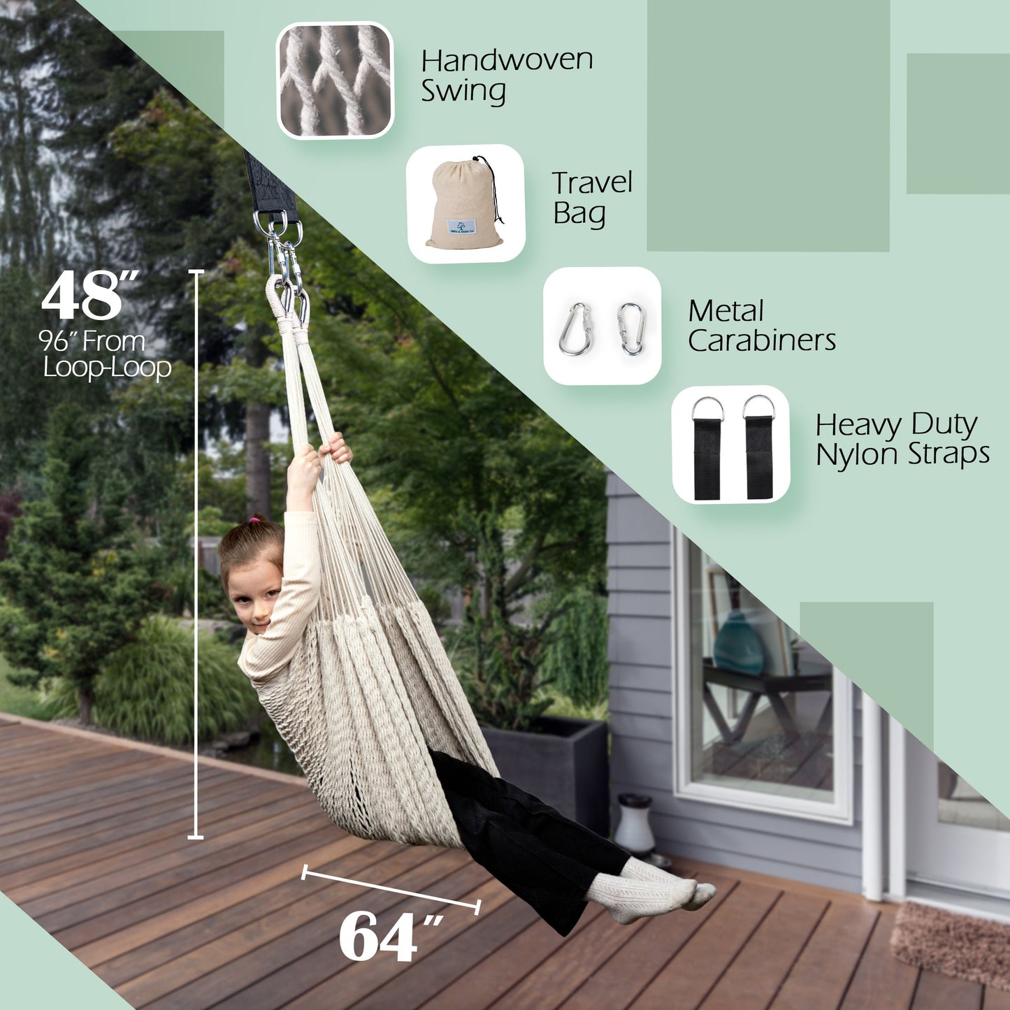 Handwoven cotton swing hanging outdoors with cream mesh seat and black support straps