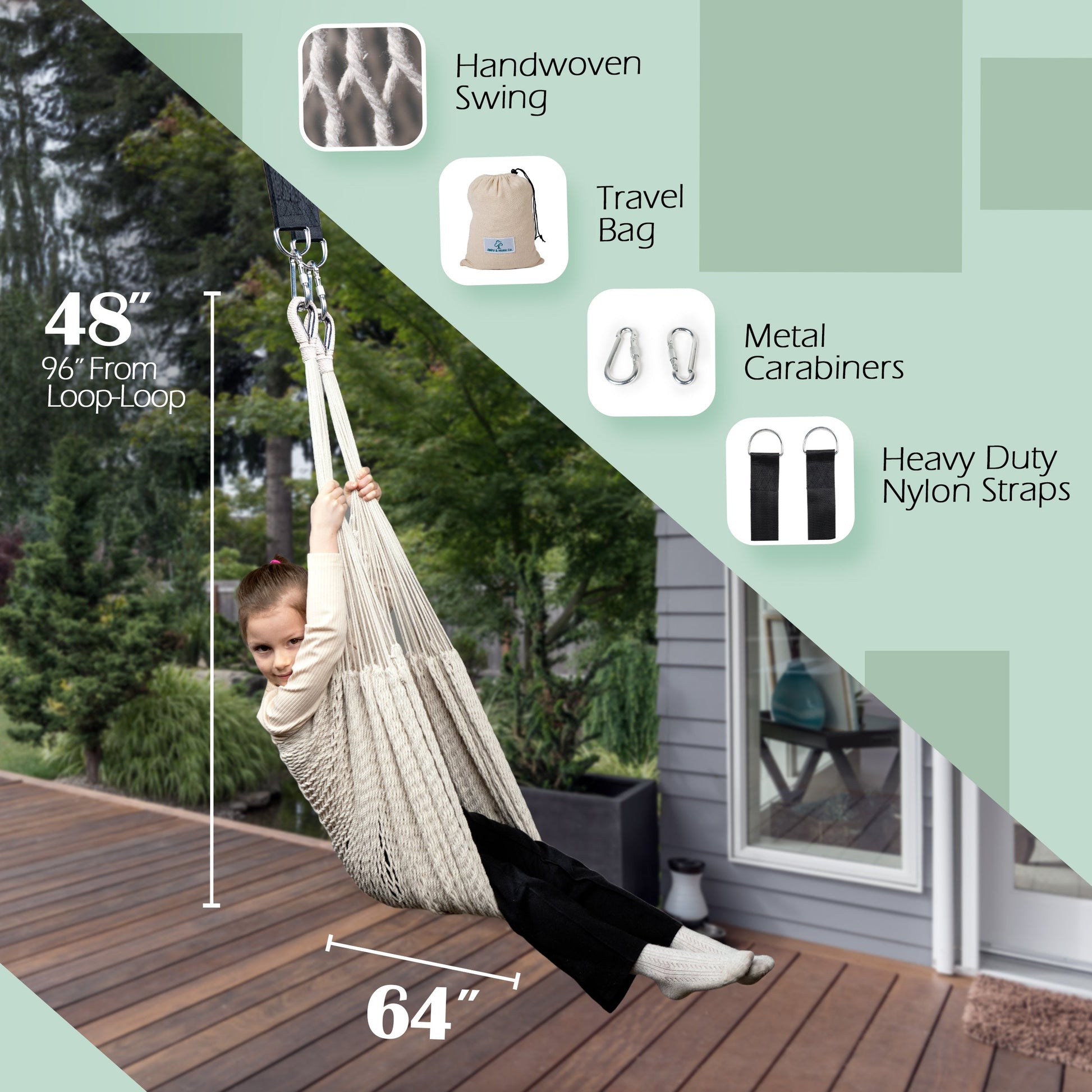 Handwoven cotton swing hanging outdoors with cream mesh seat and black support straps