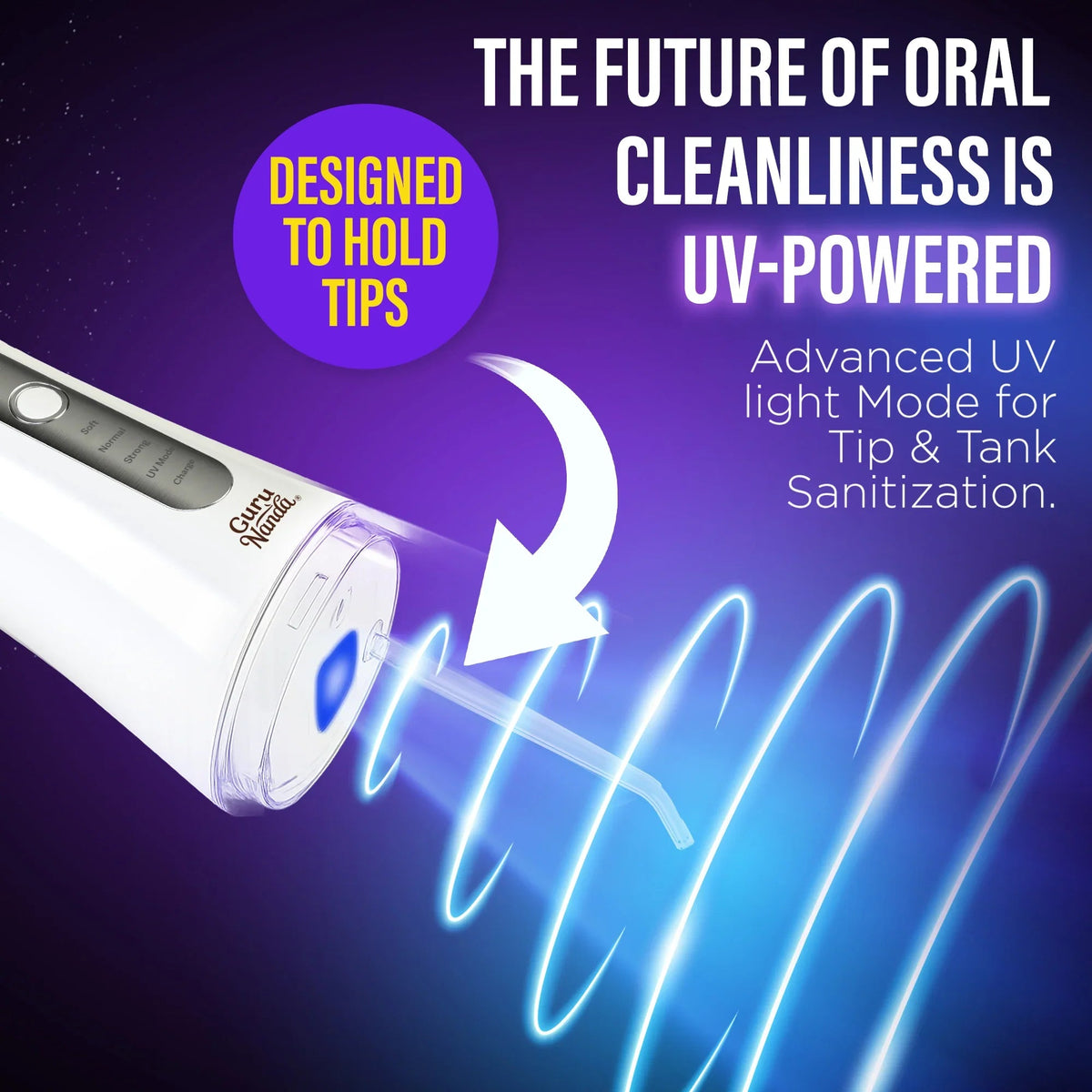 UV-powered light tip for water flosser, designed to hold cleaning tips