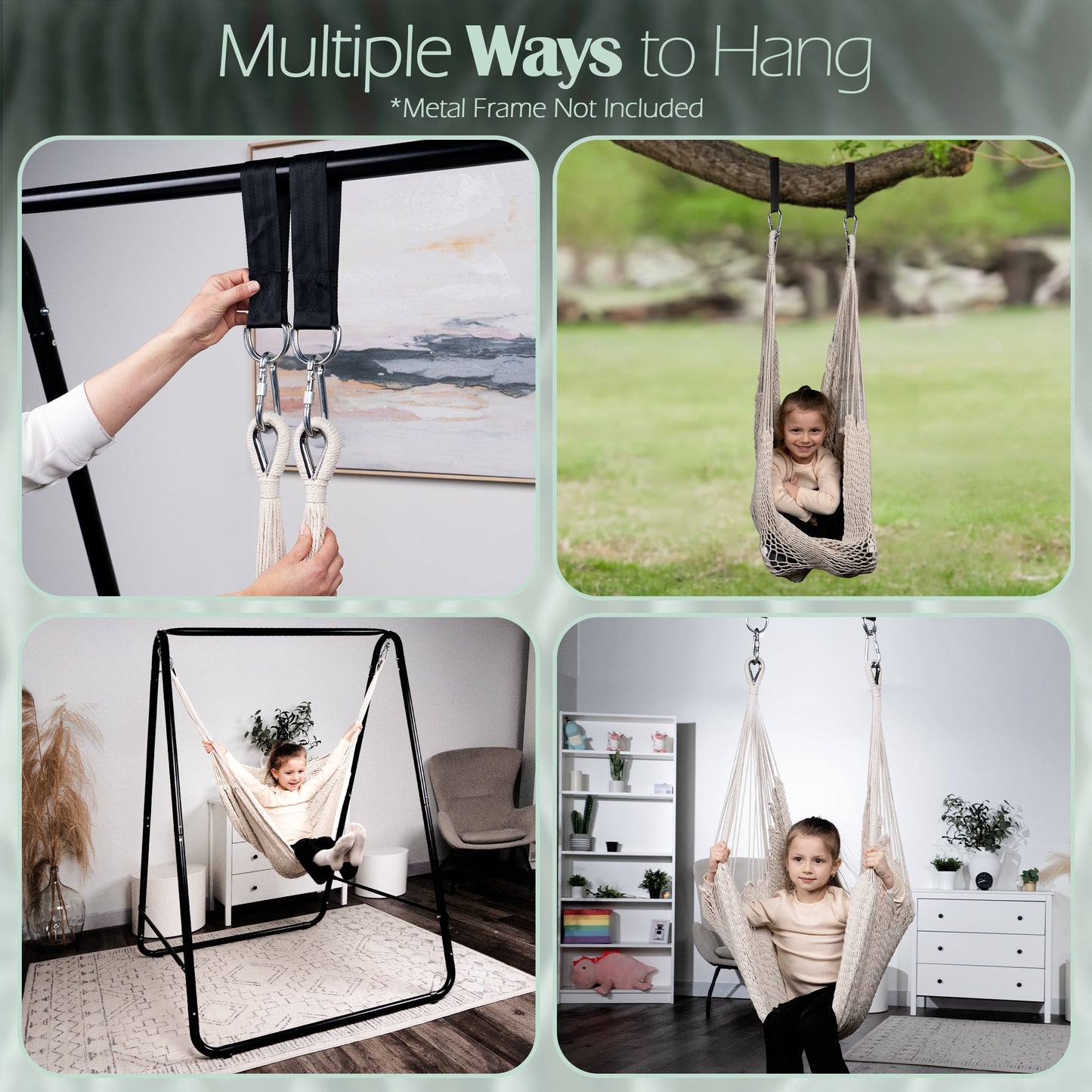 Handwoven cotton hammock swing in beige with hanging straps, shown in multiple rooms