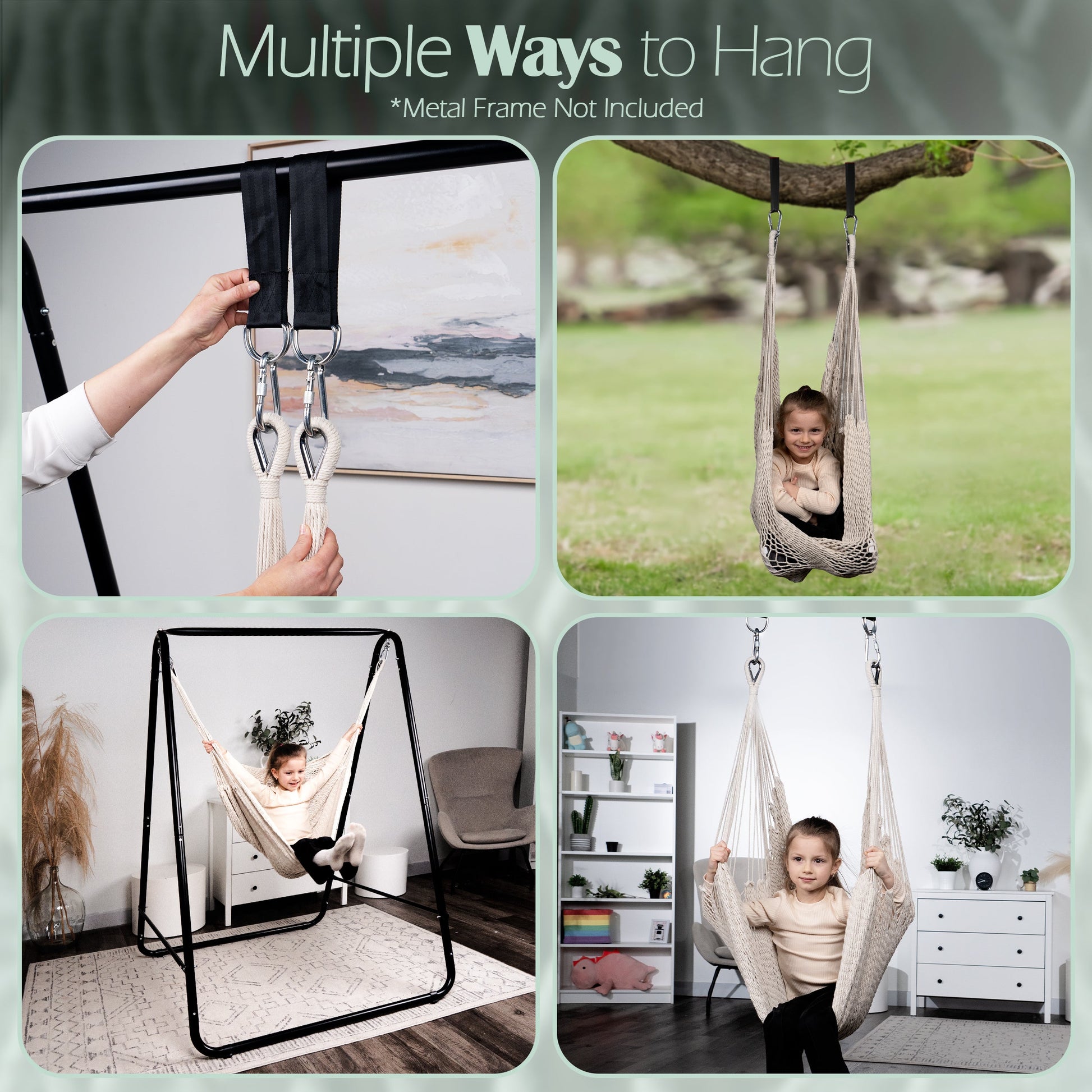 Handwoven cotton hammock swing in beige with hanging straps, shown in multiple rooms