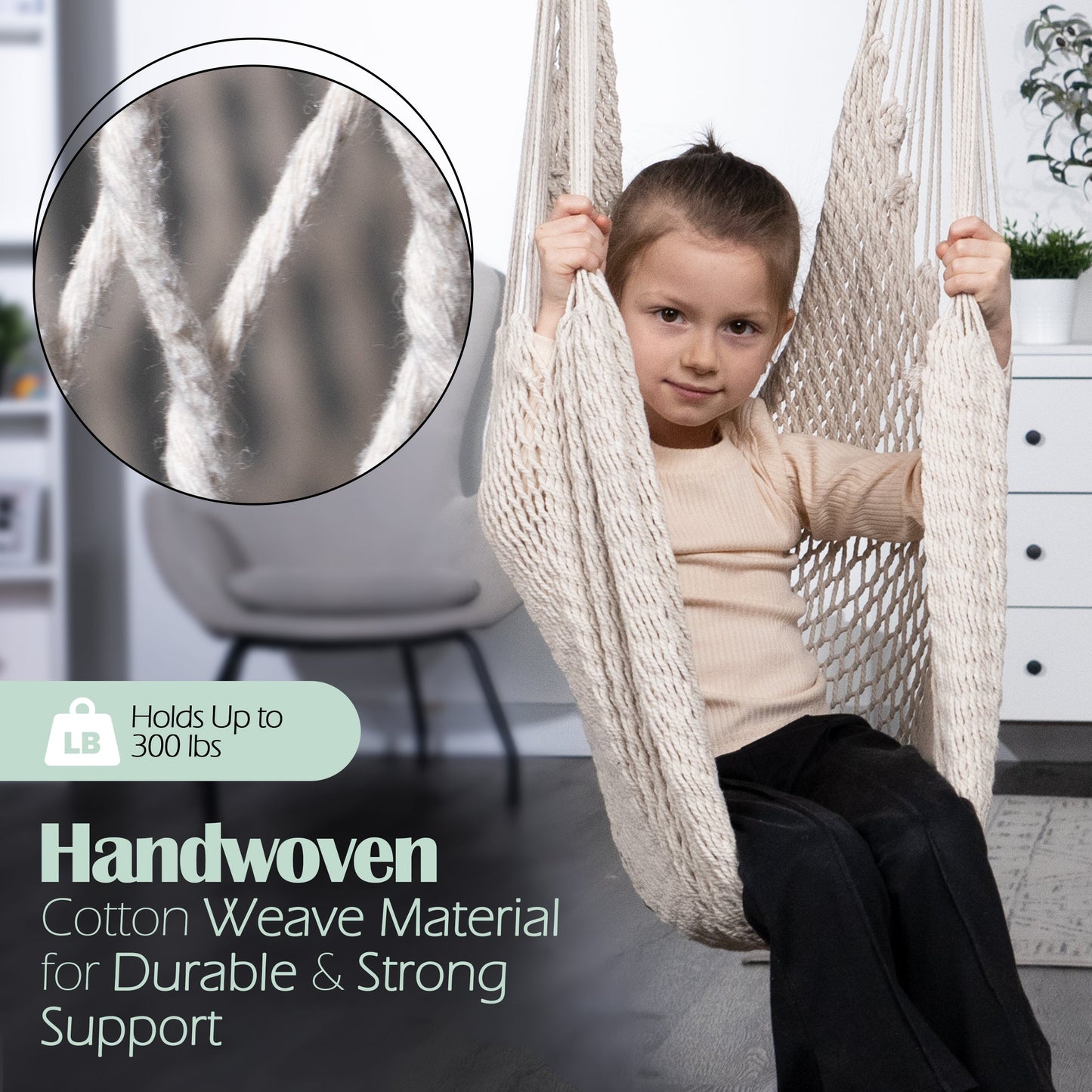 Handwoven cotton hammock swing with beige woven seat and hanging straps, shown on child
