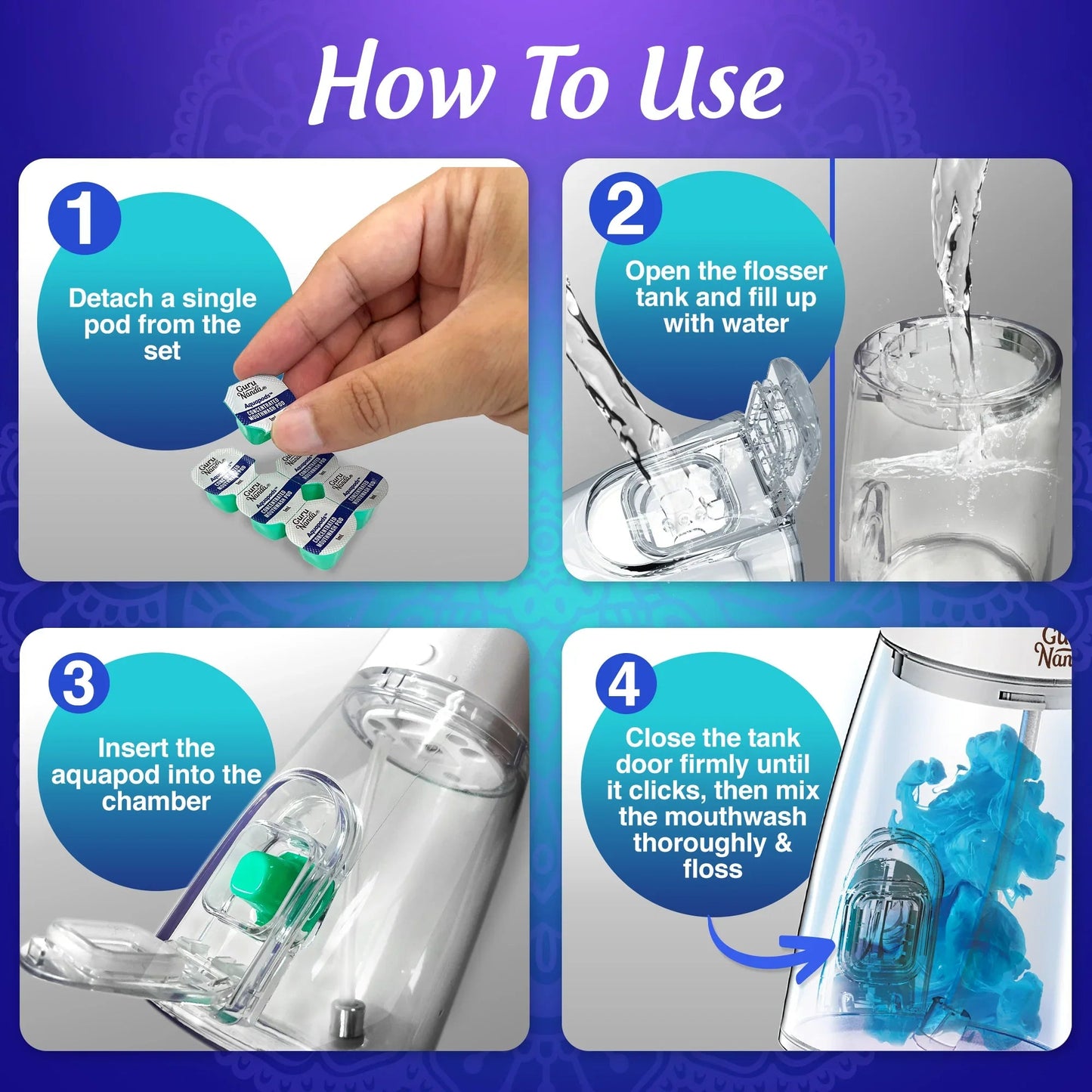 Water flosser aquapod loading steps with detachable single pod and chamber insert