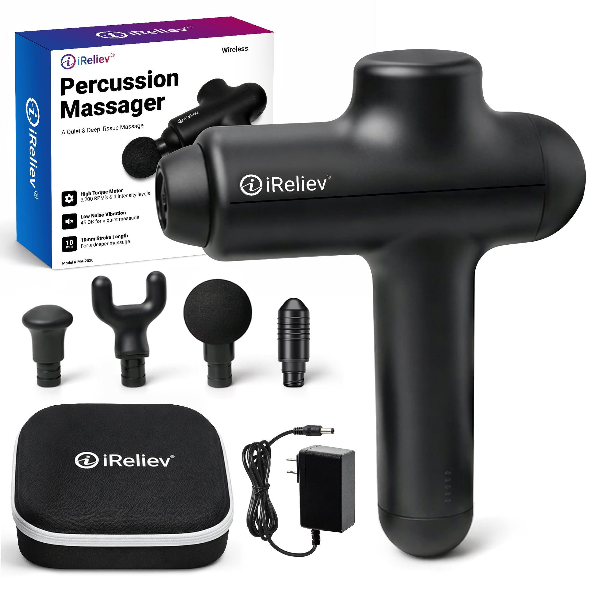Black iReliev percussion massage gun with round head attachment and handle grip
