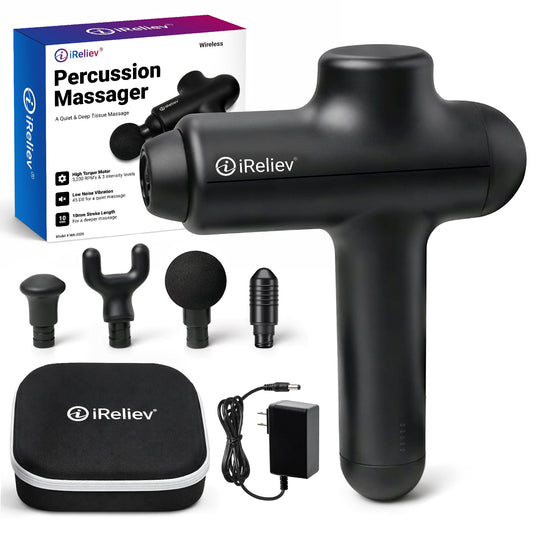 Black iReliev percussion massage gun with round head attachment and handle grip