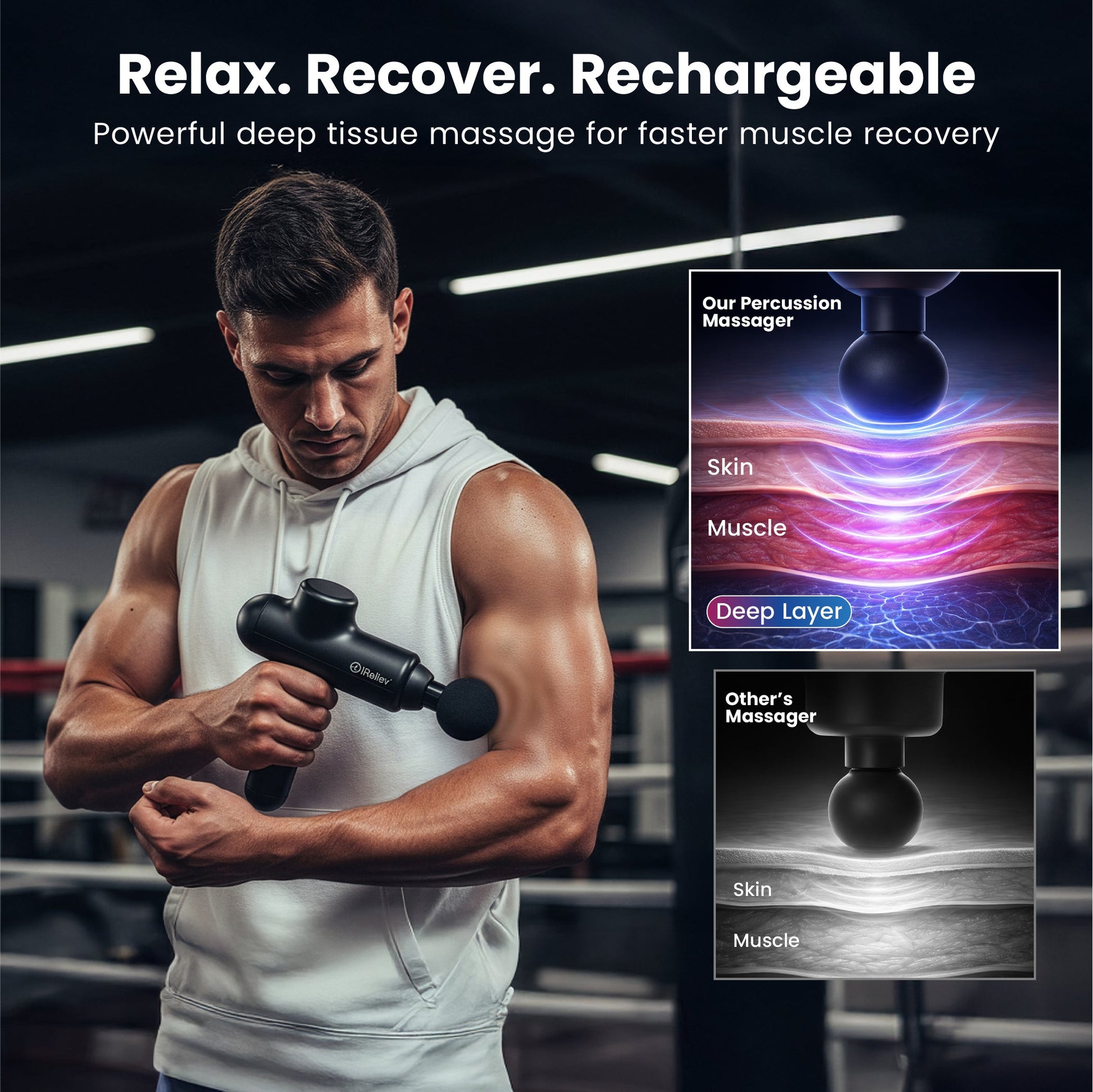 Black percussion massage gun in hand with round head attachment