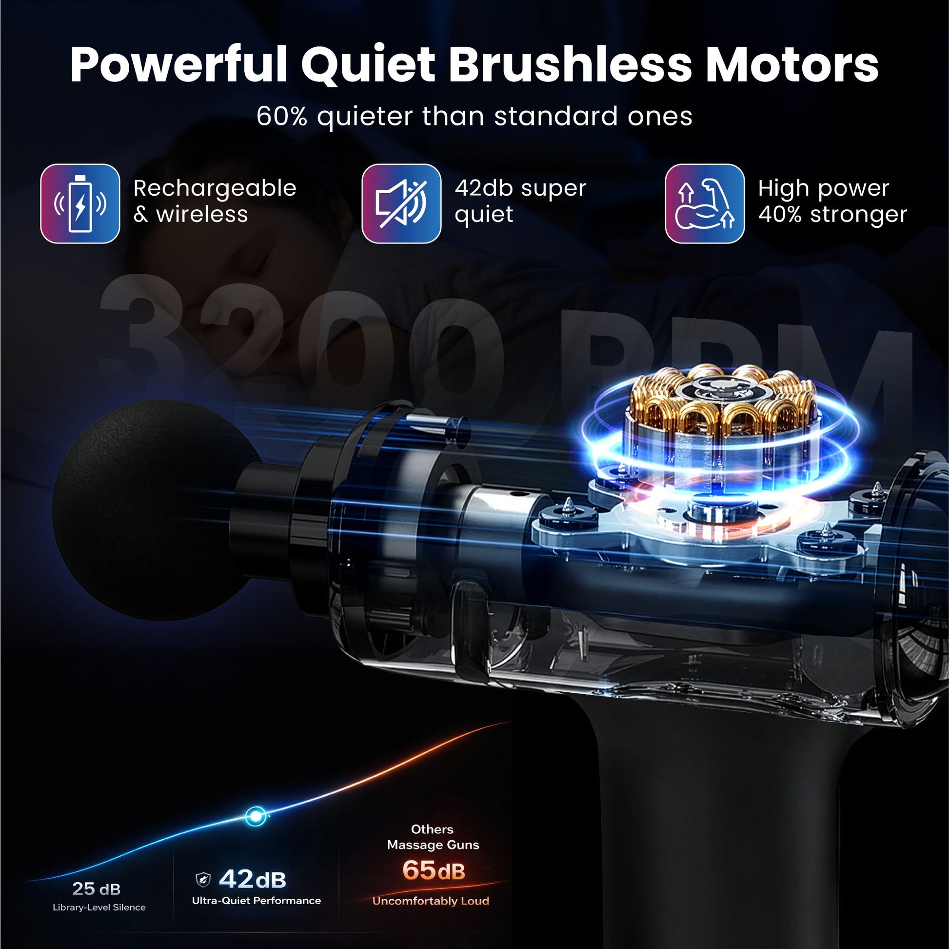 Percussion massage gun with visible internal motor and illuminated rotating parts