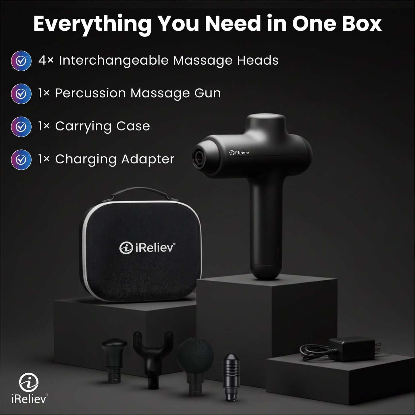 Percussion massage gun kit with carrying case, four heads, and charging adapter