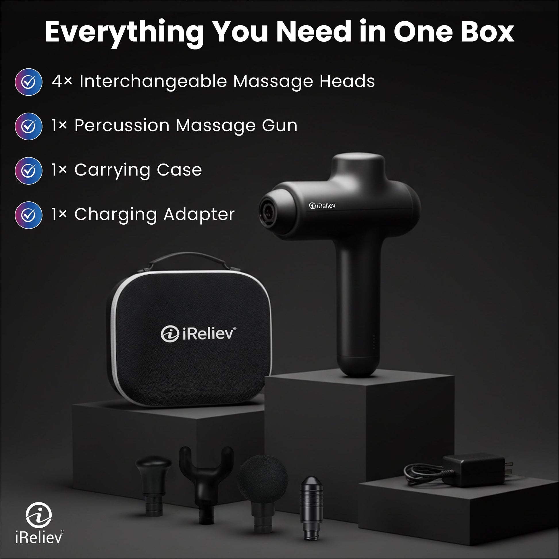 Percussion massage gun kit with carrying case, four heads, and charging adapter