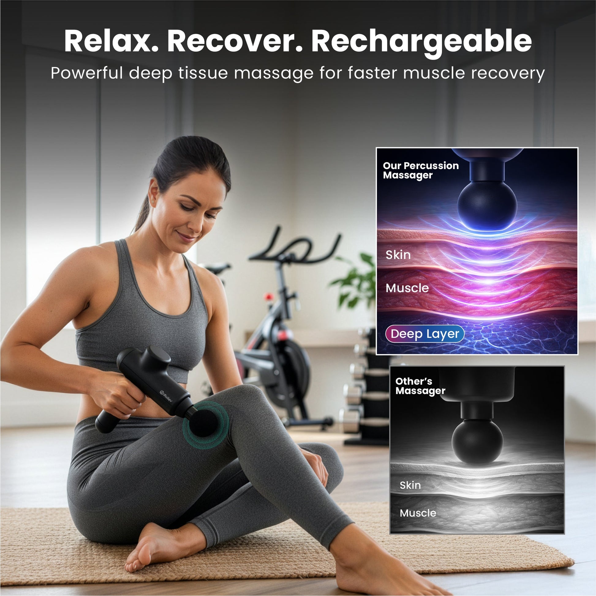Black percussion massage gun held in use with circular head attachment
