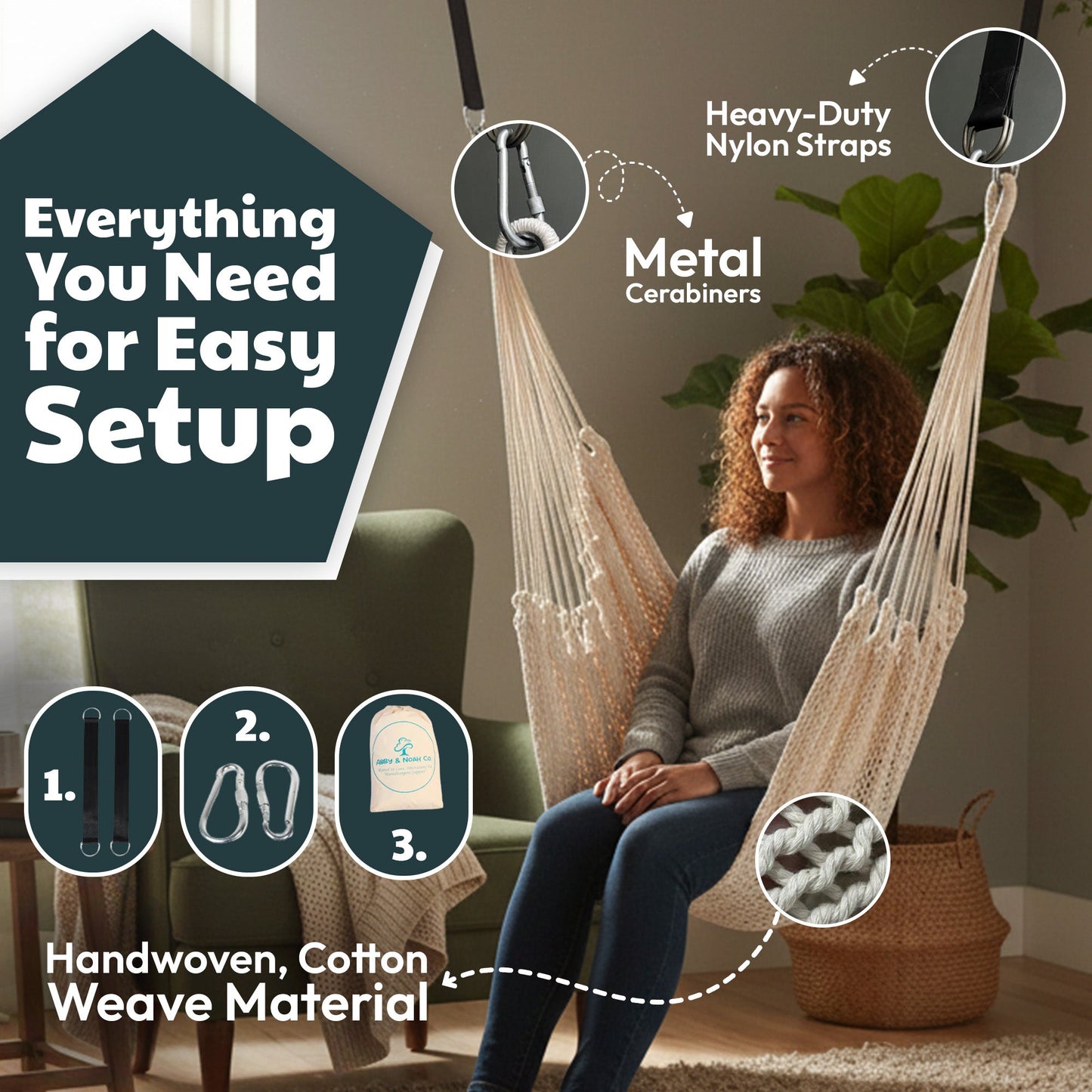 Handwoven cotton hammock swing in beige with metal carabiners and hanging straps