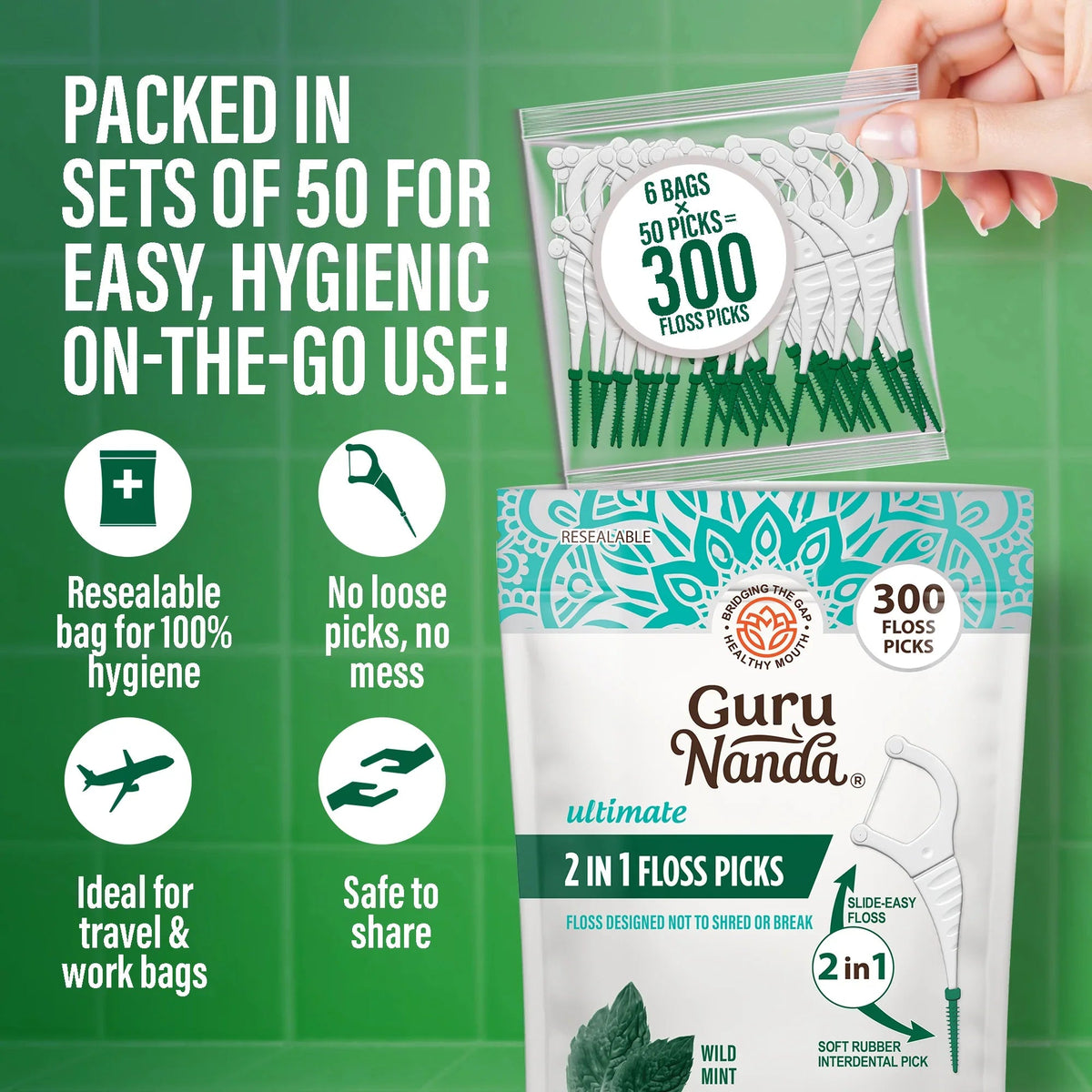 Hand holding Guru Nanda 2-in-1 dental floss picks bag, 300 floss picks shown