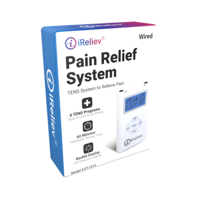 TENS pain relief system box with iReliev wired control panel
