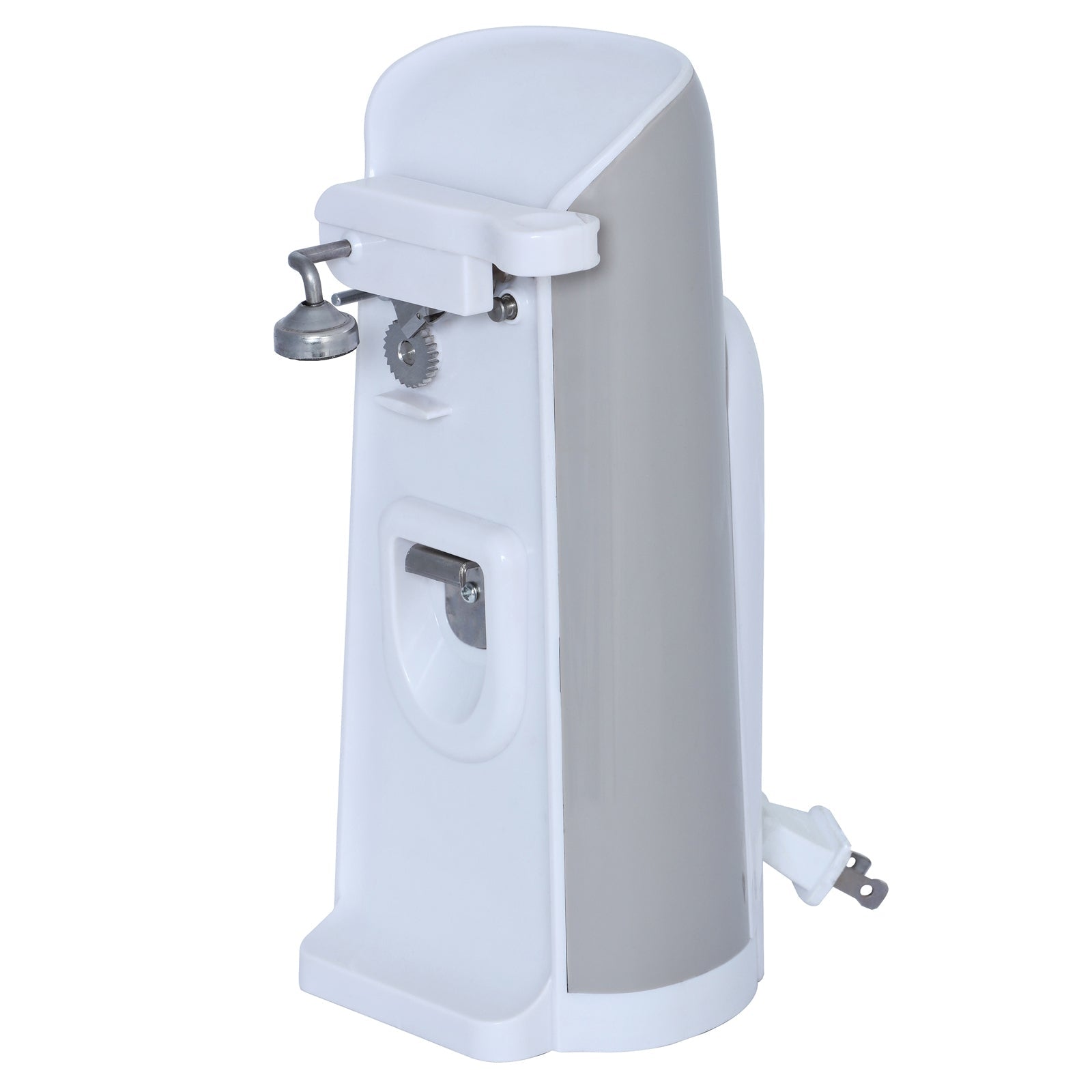 White electric can opener with hinged cutting lever and metal cutting wheel