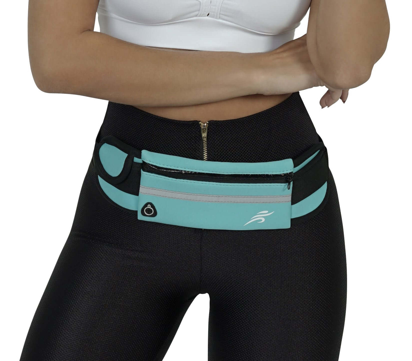 Teal running belt fanny pack close-up with black band and zip pocket