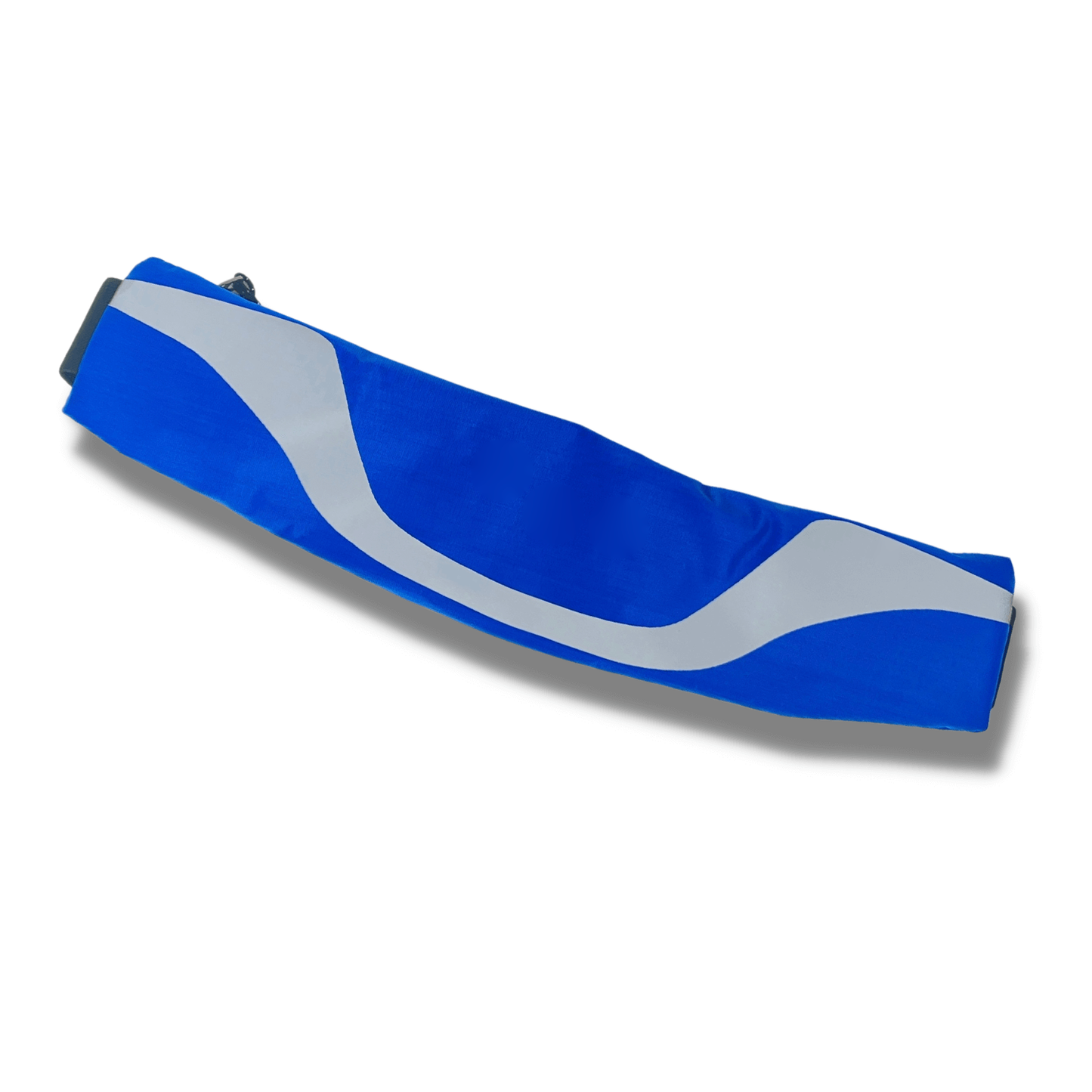 Water-resistant sport waist pack in royal blue with silver reflective wavy strip