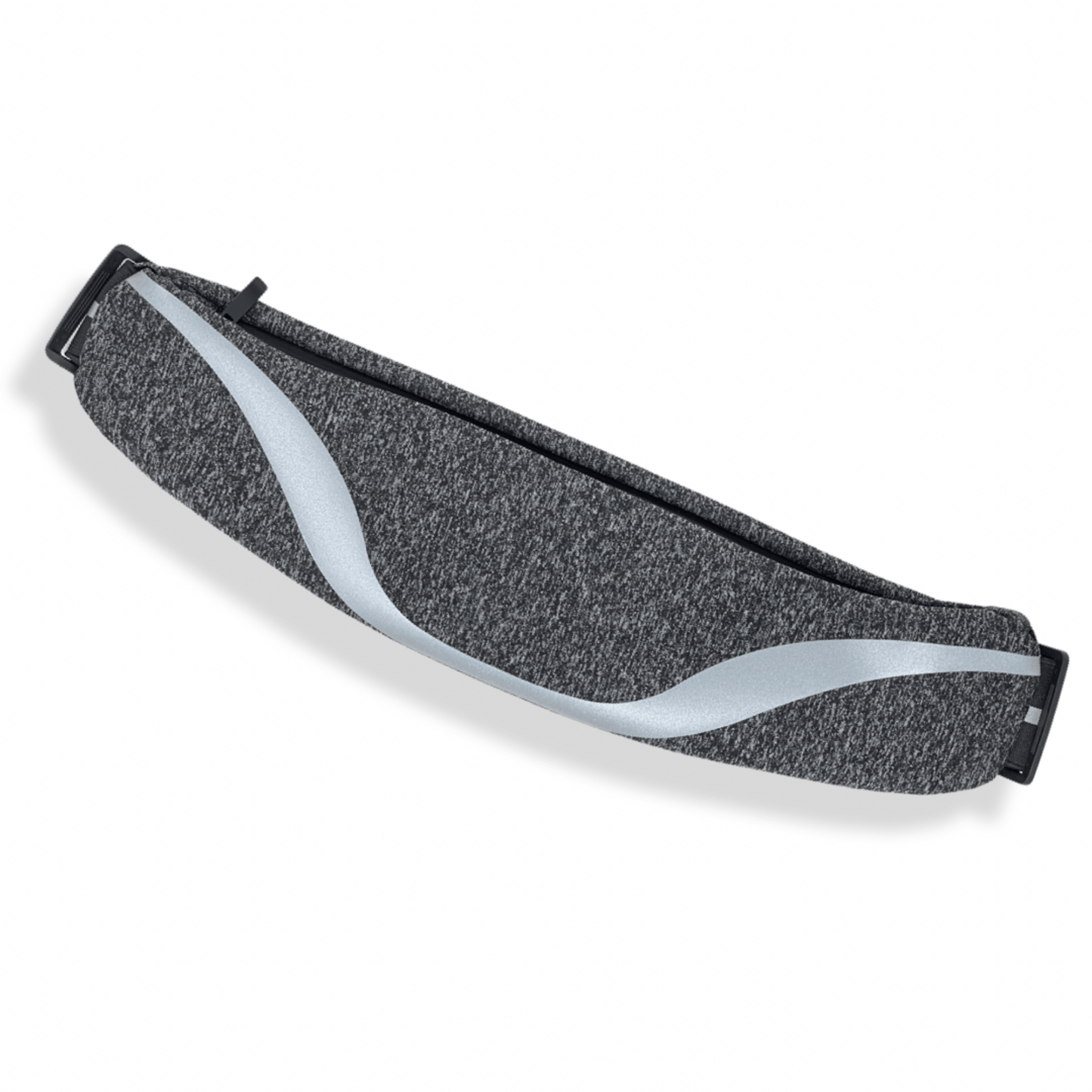 Water-resistant sport waist pack, heather grey with silver reflective stripe and black buckle.