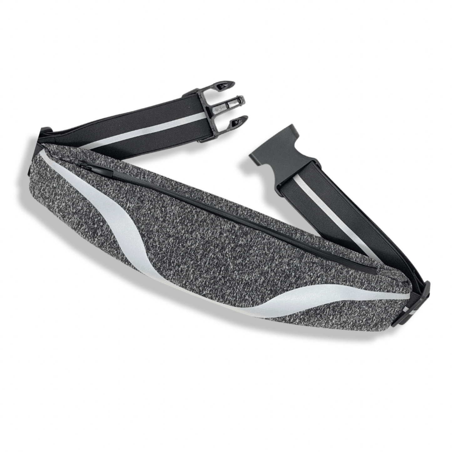 Water-resistant sport waist pack, heather grey with silver reflective stripe and adjustable buckles.