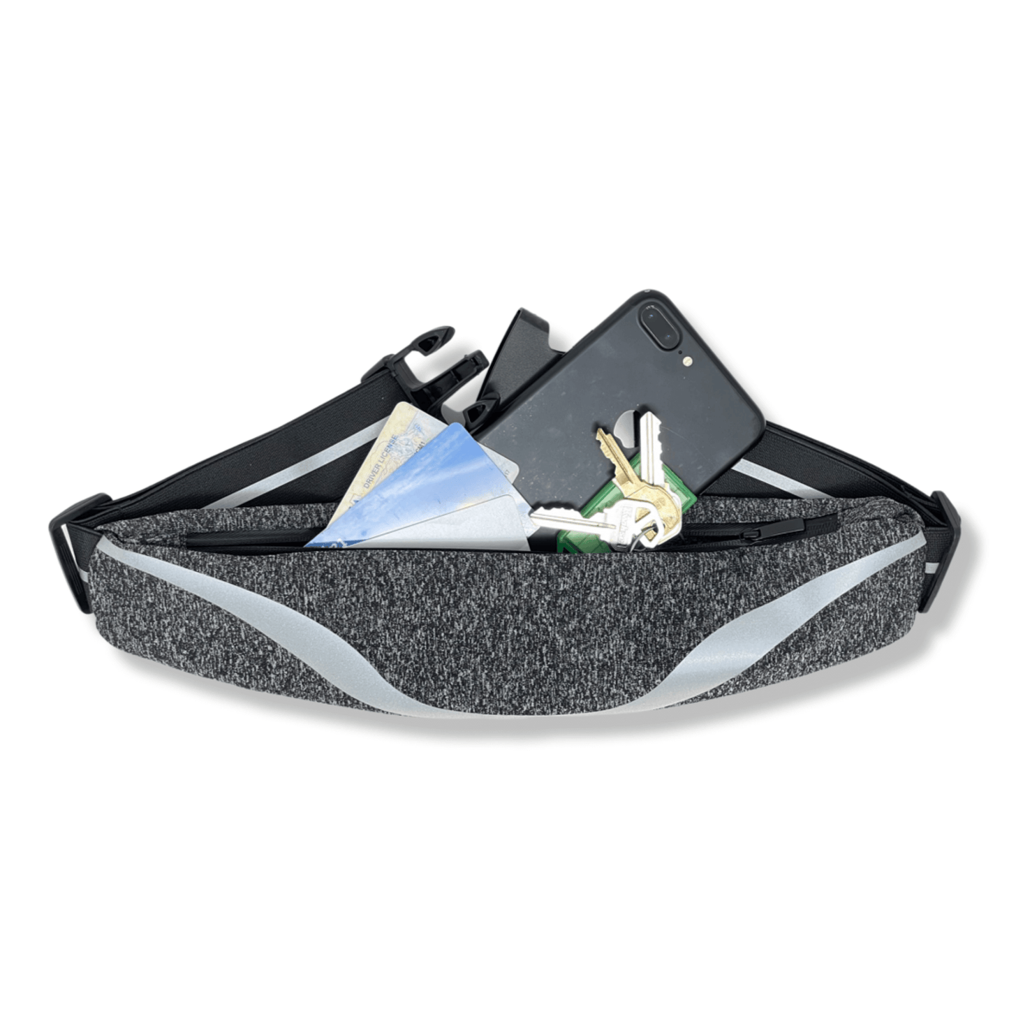 Water-resistant sport waist pack with dark grey fabric and silver reflective wavy strip