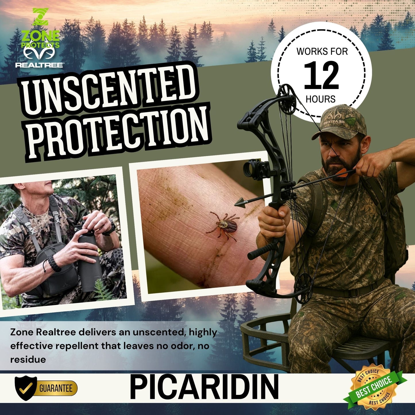 Unscented insect repellent wipes bottle with 12-hour protection badge and hunter in woods