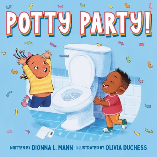 Kids potty party board book cover with smiling child by a toilet, colorful cartoon style