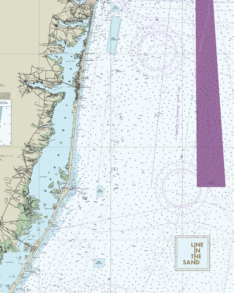 Nautical chart print fabric with coastline and sea chart grid, purple route band, and “LINE IN THE SAND” logo