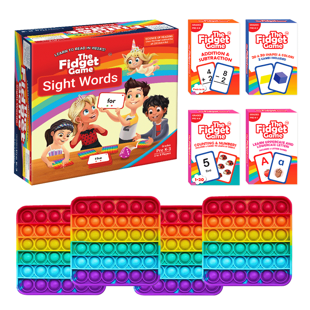 Kindergarten learning bundle with boxed card games and rainbow fidget mats