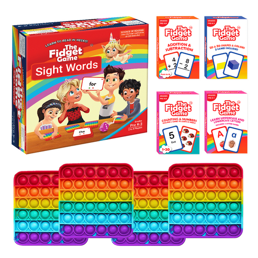 Kindergarten learning bundle with boxed card games and rainbow fidget mats