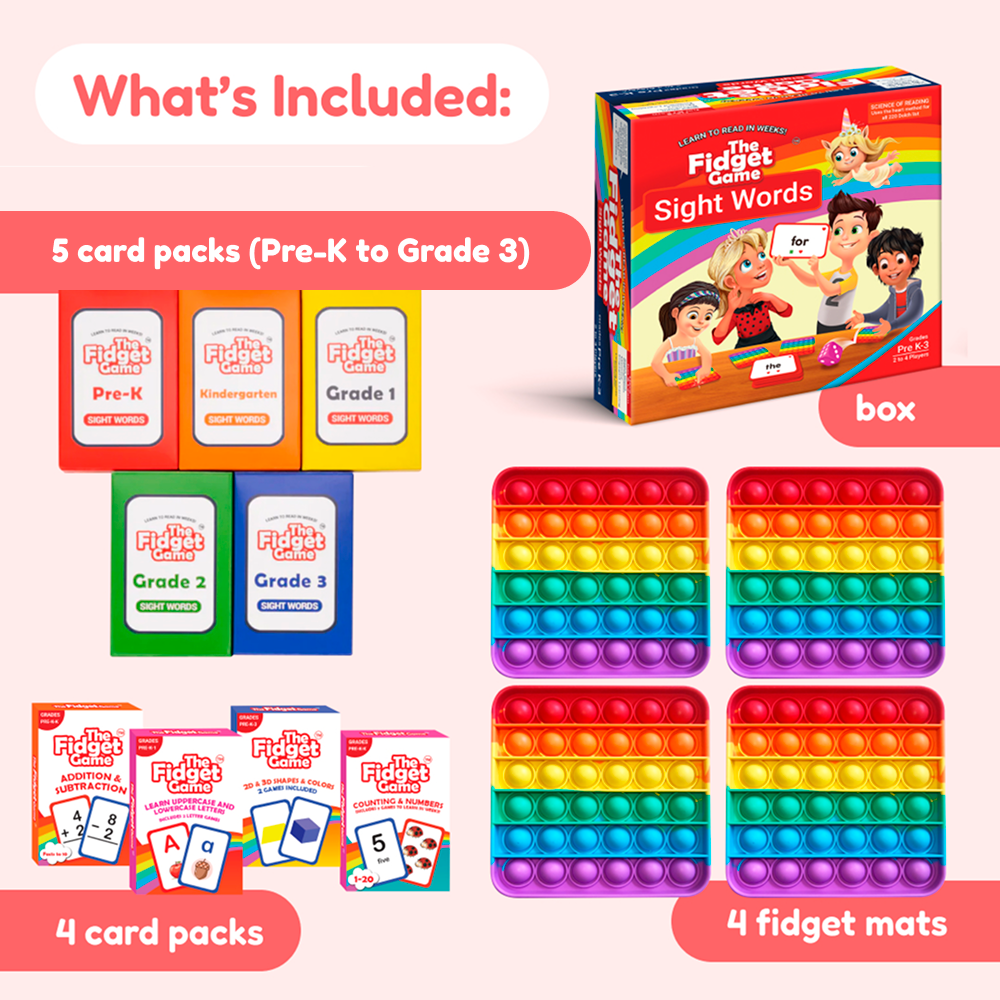 Kindergarten learning bundle contents: card packs for Pre-K to Grade 3 and fidget mats