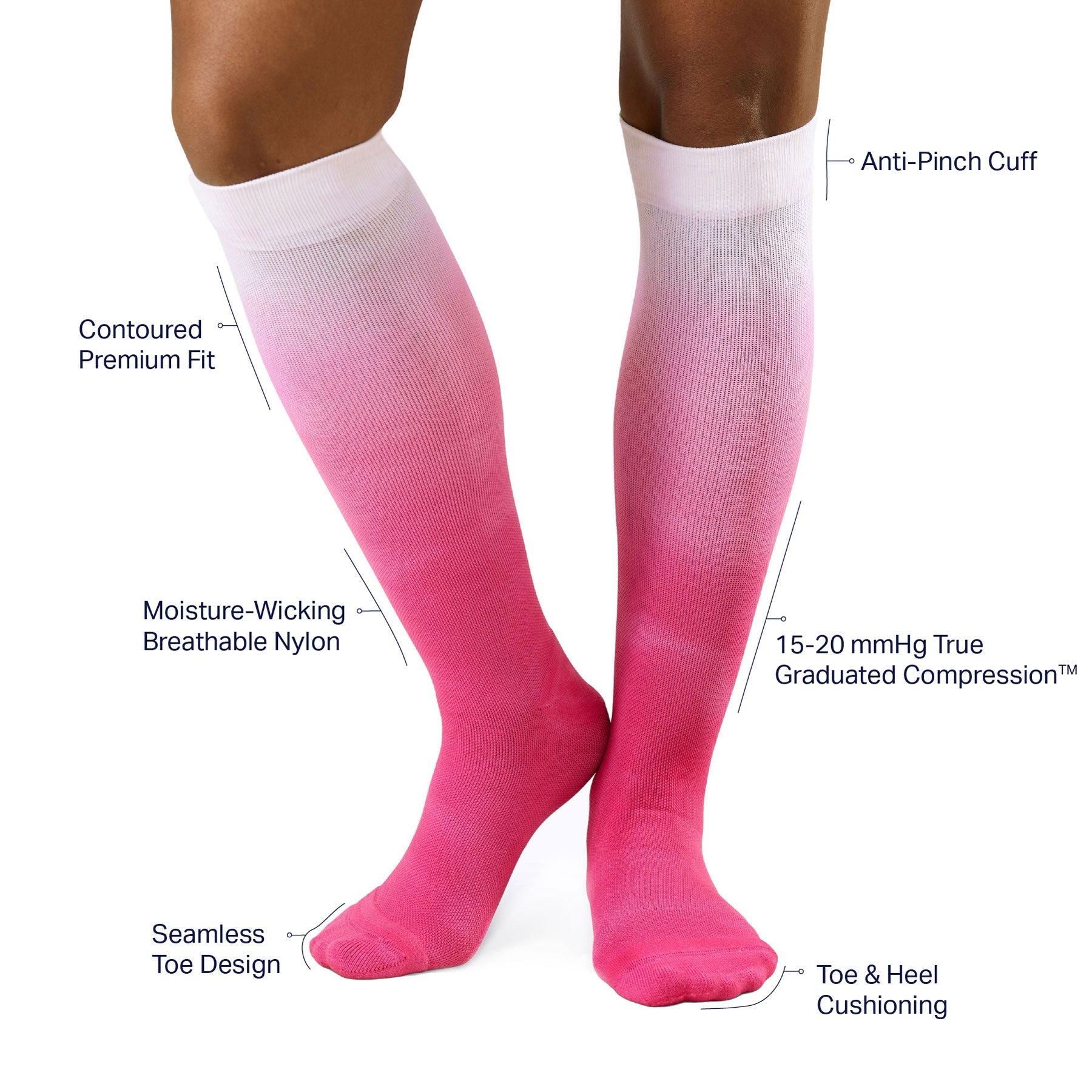 Knee-high ombre compression socks on legs, smooth stretch knit with cushioned toe
