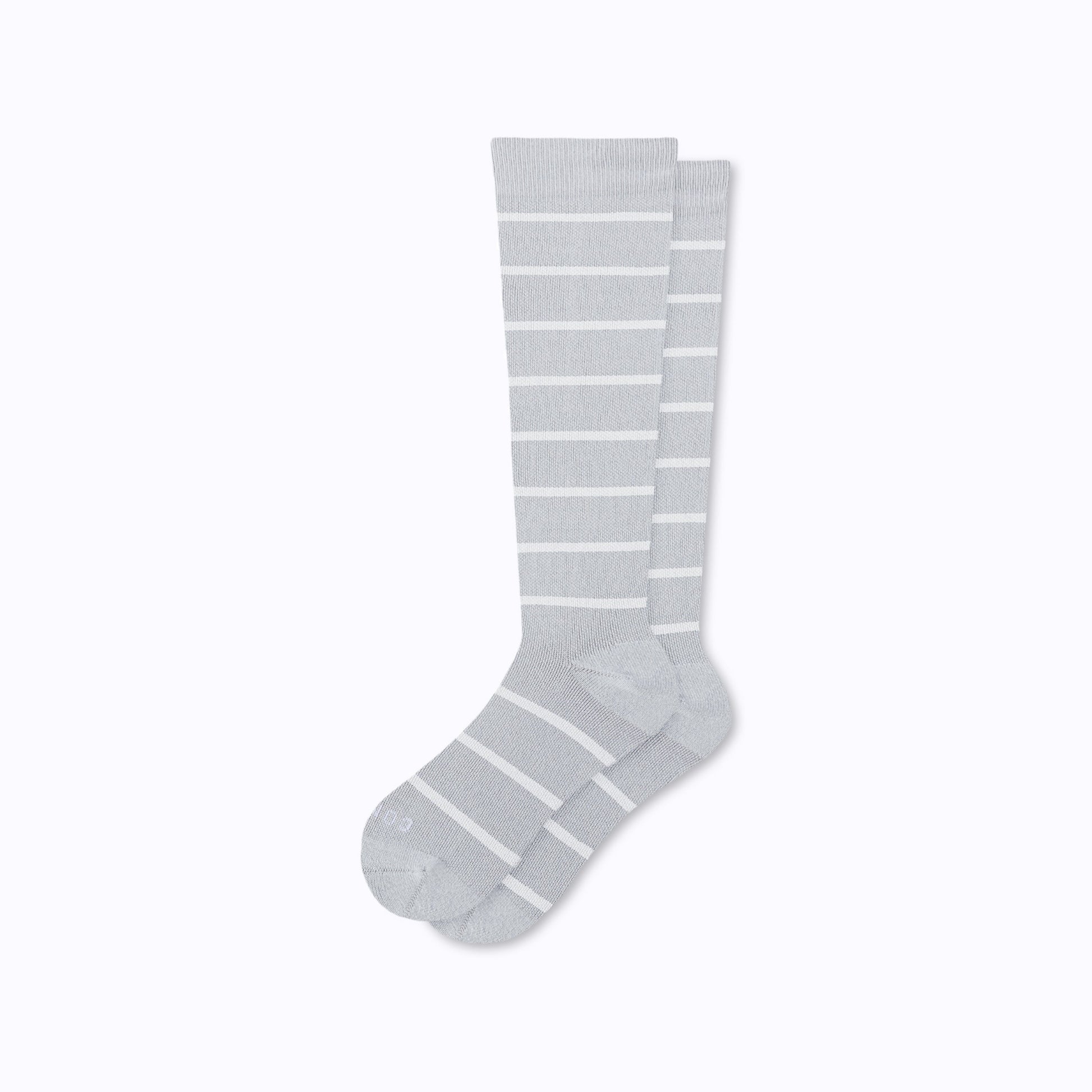 Knee-high compression socks in heather gray with horizontal stripes and cushioned toes