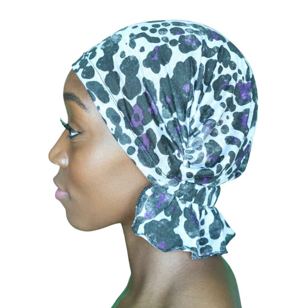 KATY CHEMOBEANIES® chemo beanie with leopard print in dark teal and purple, back view