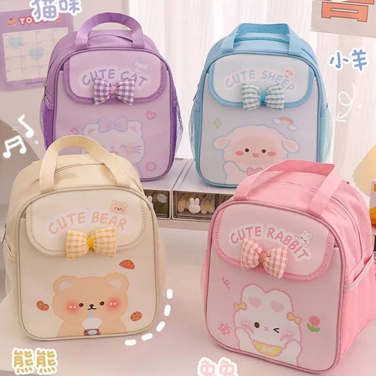 Purple insulated lunch bag with cat face patch and bow applique front pocket