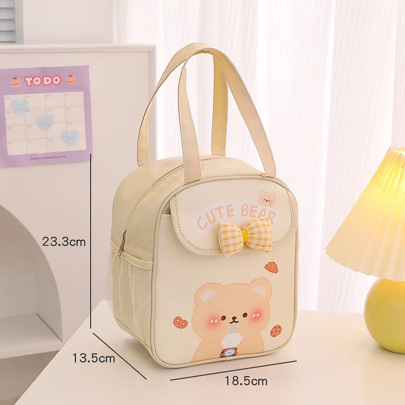 Beige insulated lunch bag with cute bear front pouch and yellow bow