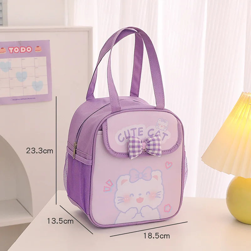 Lavender insulated lunch bag with cute cat front pouch and purple bow detail