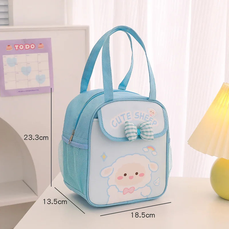 Blue insulated lunch bag with cute sheep front pouch and plaid bow