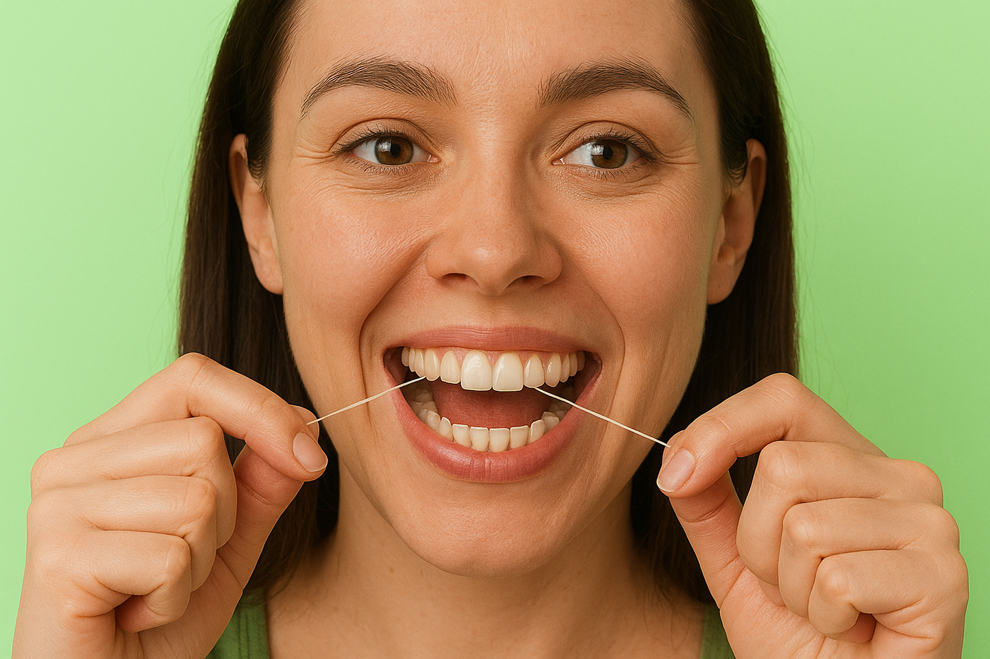 Dental floss thread held between fingers for cleaning between teeth