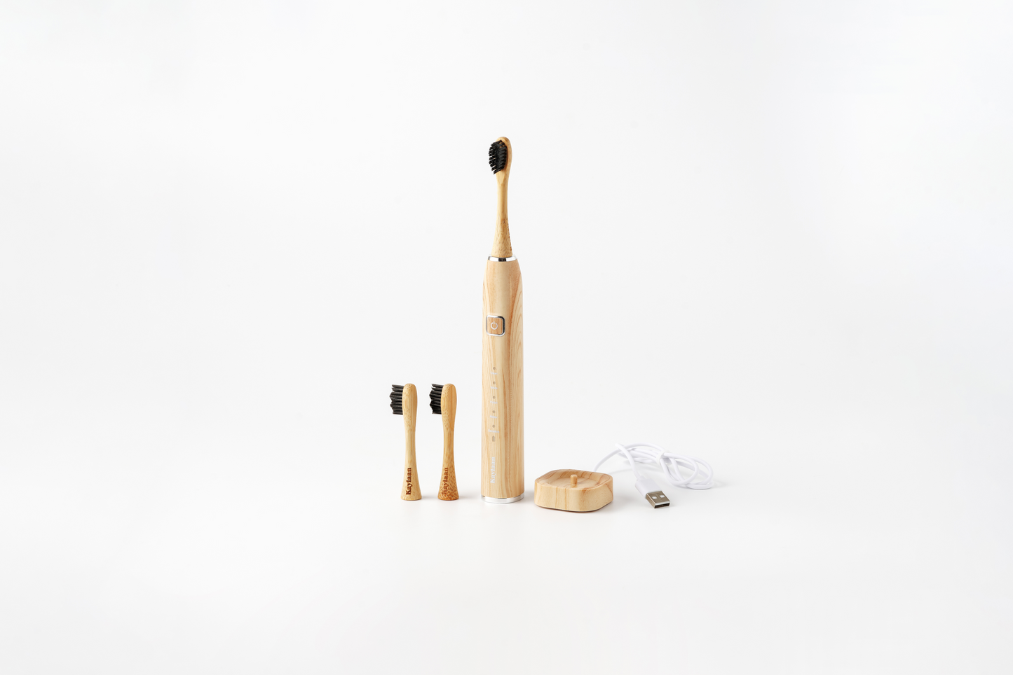 Bamboo electric toothbrush with tall wooden handle, black bristle head, and base