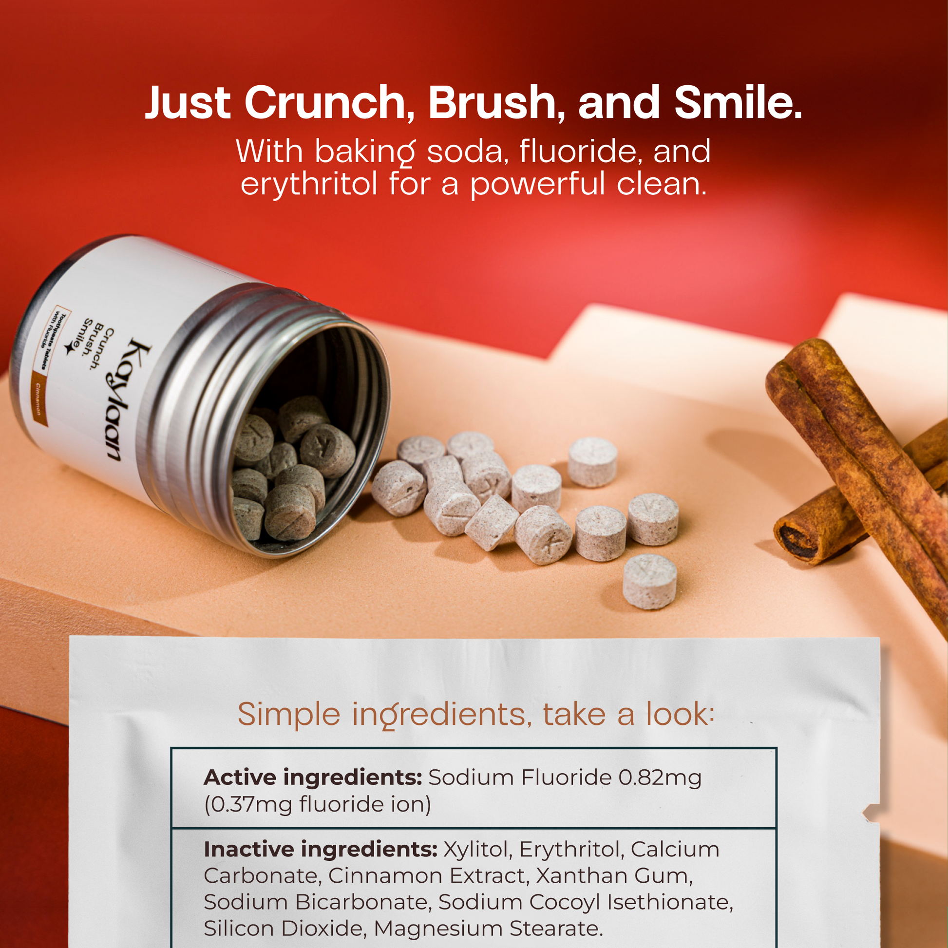 Fluoride cinnamon toothpaste tablets with refill can and scattered tablets.