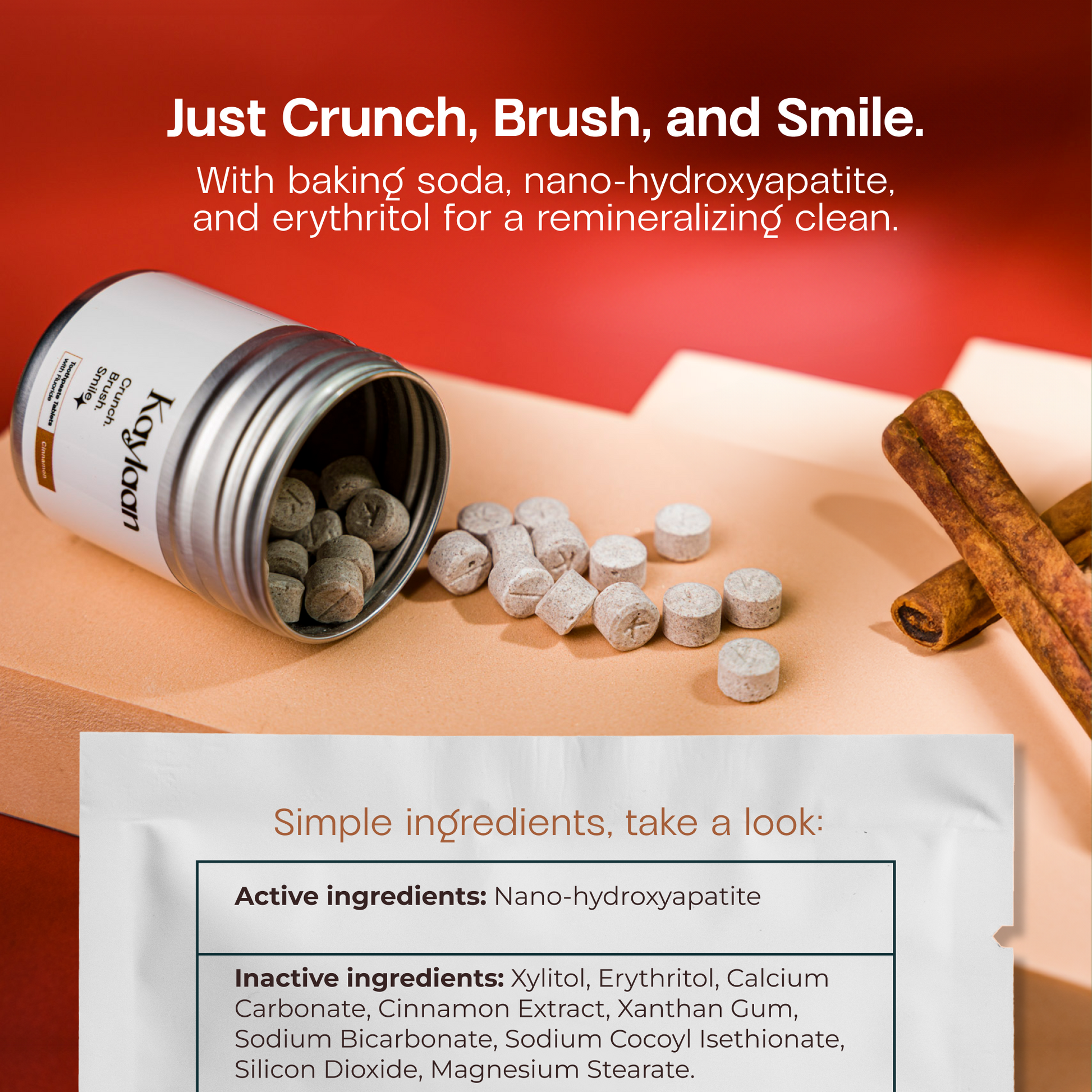 Cinnamon toothpaste tablets jar with open top, loose tablets, and refill pouch