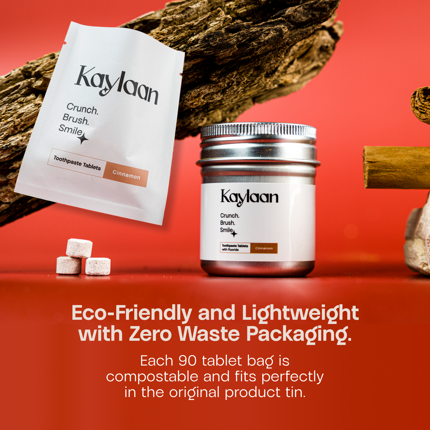 Cinnamon toothpaste jar and tablet refill pouch with small tablet pieces