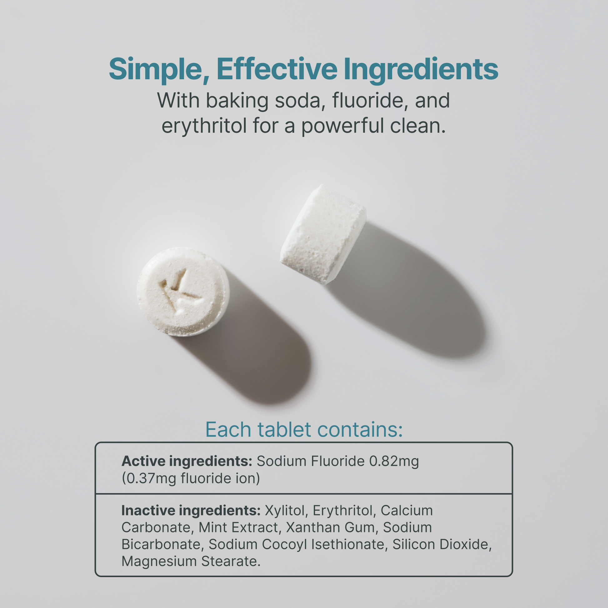 Organic mint fluoride toothpaste tablets, two tablets on display