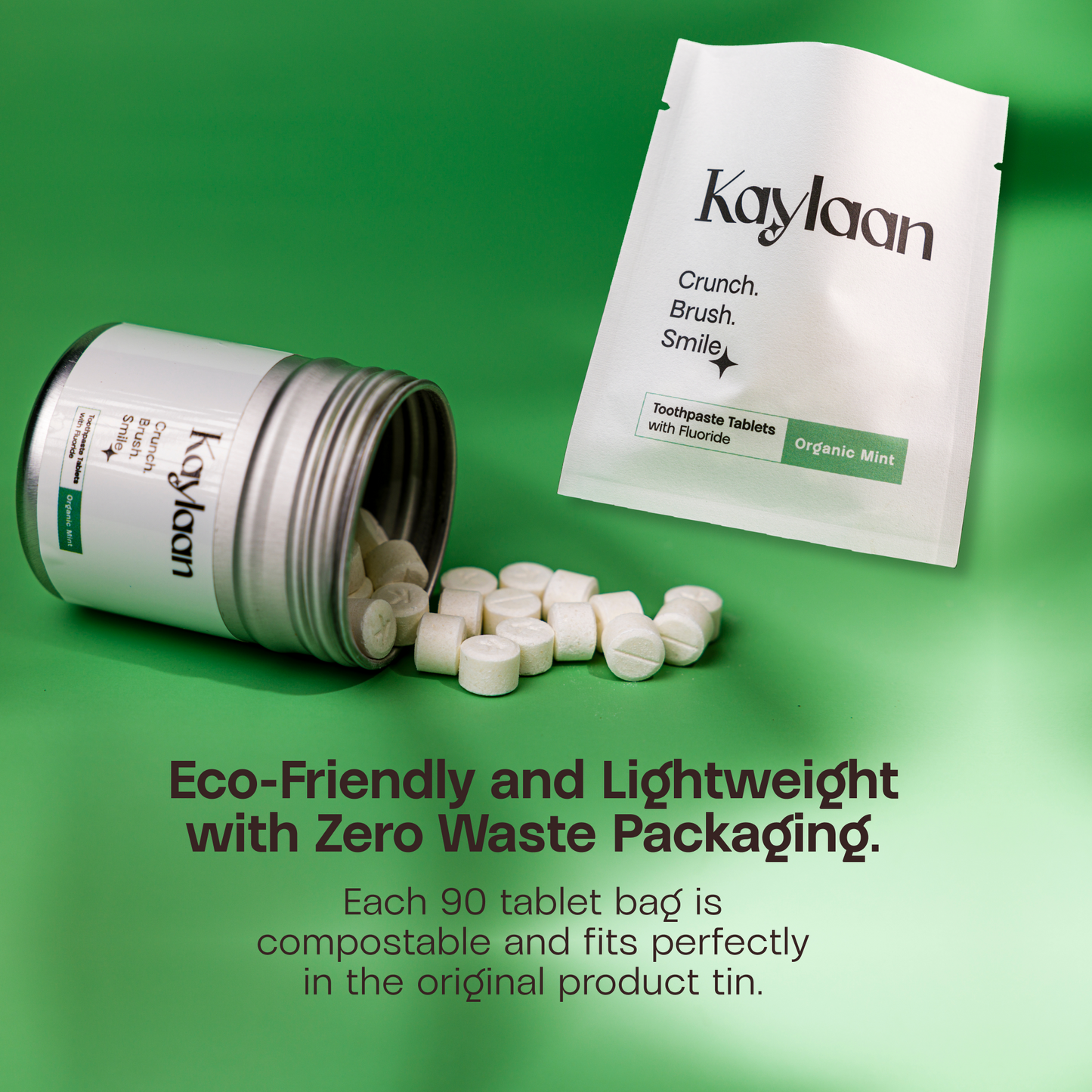 Kaylaan organic mint toothpaste tablets refill jar with tablets and pouch