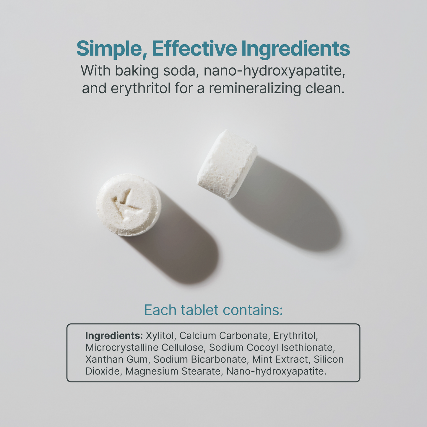Organic mint toothpaste tablets with ingredient label card and two white tablets