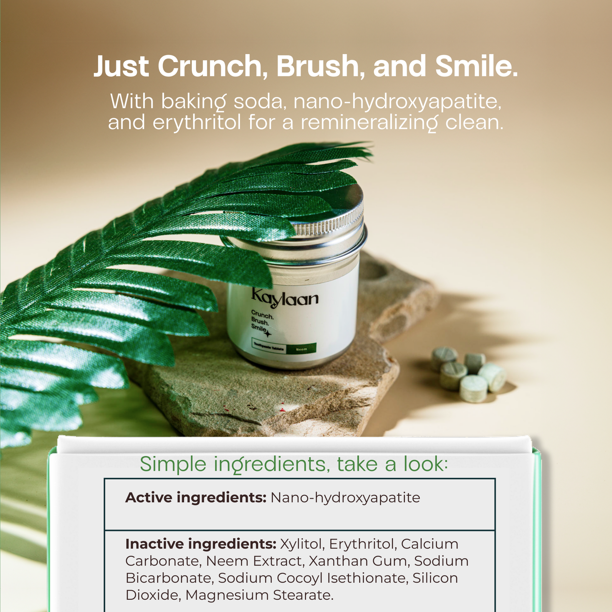 Kaylaan neem toothpaste tablets jar with lid and scattered tablet pieces