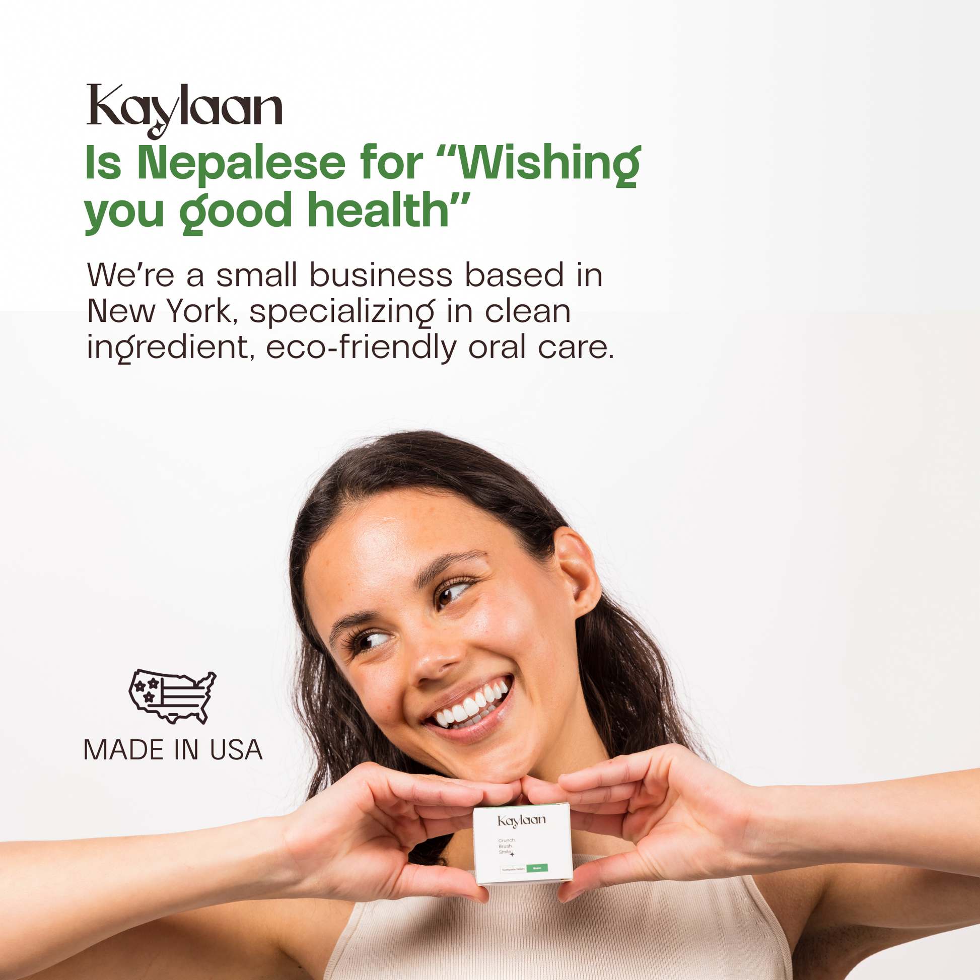 Kaylaan neem toothpaste box held by smiling woman, Made in USA icon