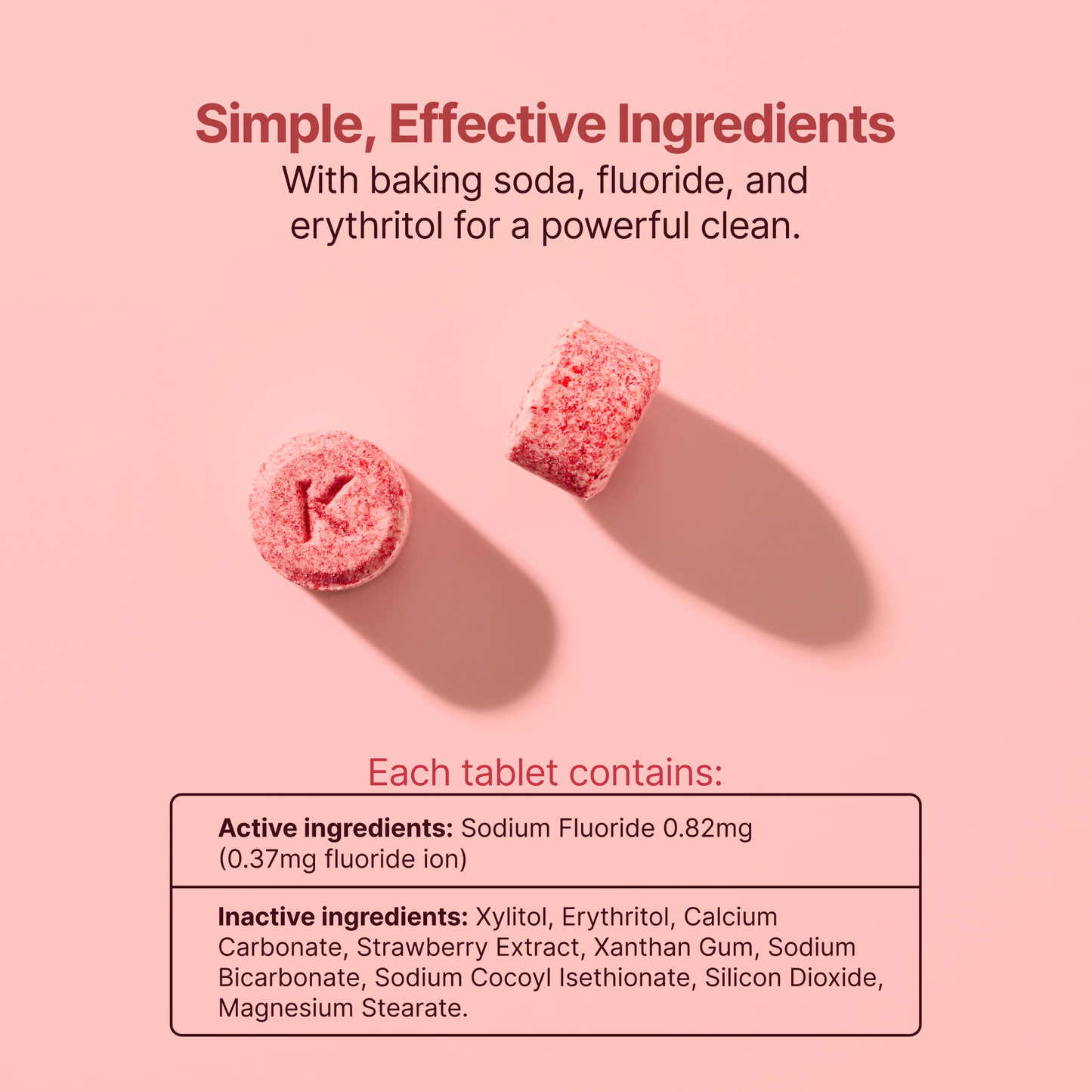 Pink strawberry fluoride toothpaste tablet pieces