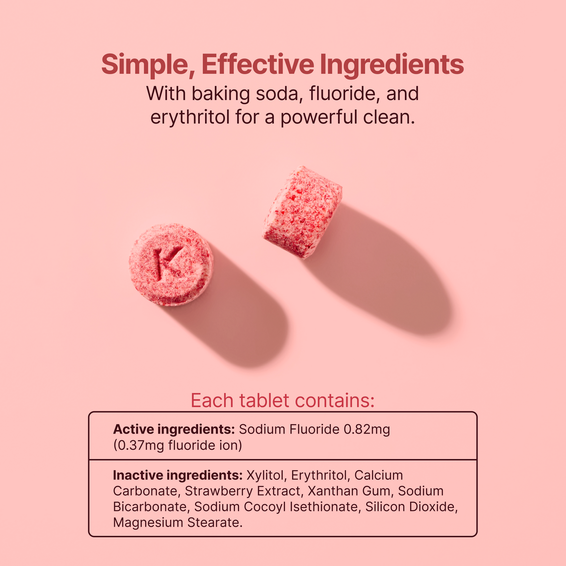 Pink strawberry fluoride toothpaste tablet pieces